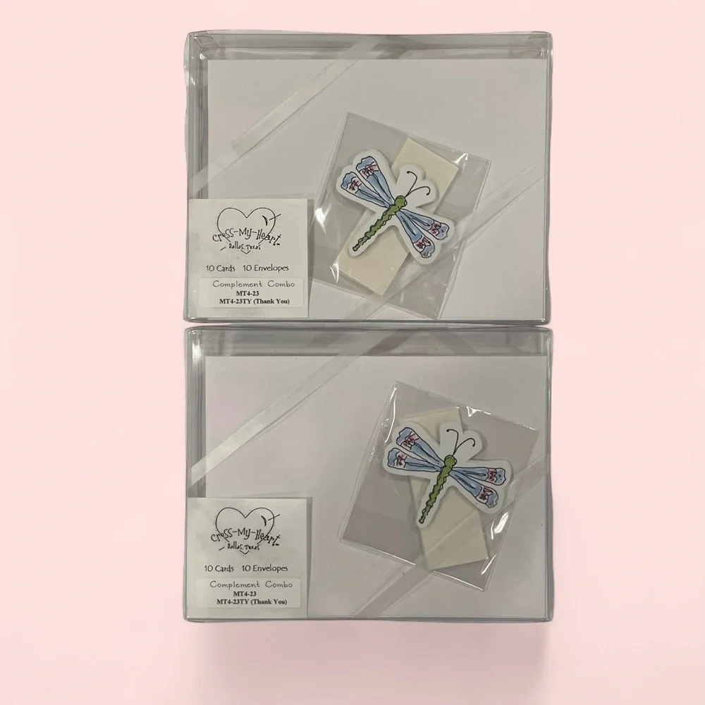 Cute Green white striped dragonfly notecards new in box 2 sets of 10 4.25 x 5.5”